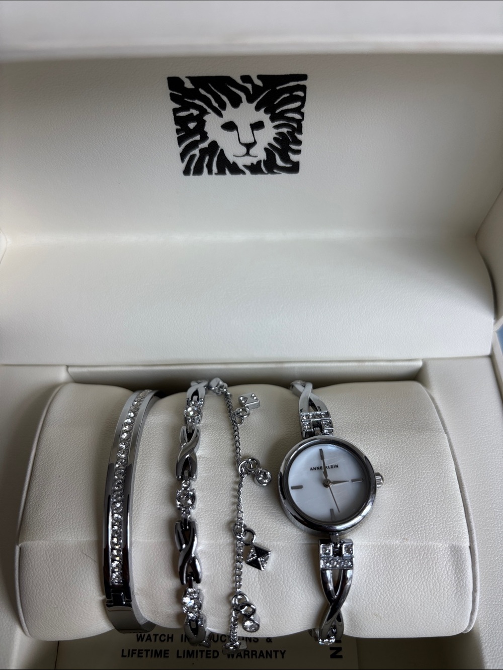 NEW Anne Klein Silver-Tone Crystal Watch & Bracelet Set - 4 pc Boxed Gift Set 🎁